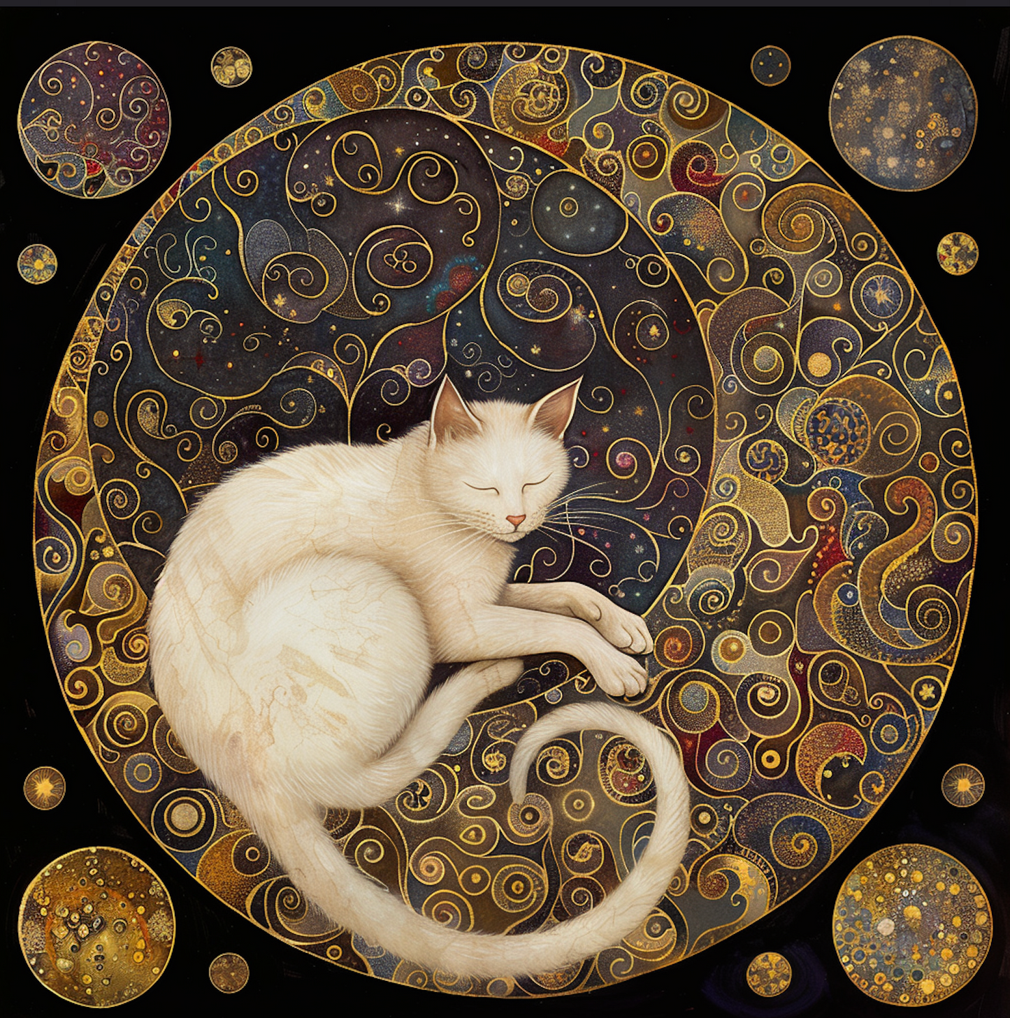 Mystical White Cat and Moon Wall Accent, Tambourine Wall Art, Ribbon Wall Hanging, Canvas, Cat Gift