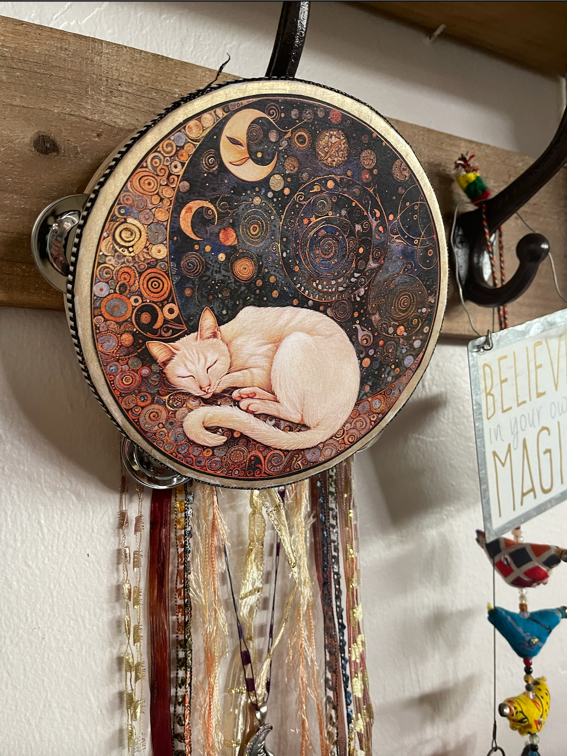 Mystical Moon Cat Tambourine and Ribbon Wall Accent, Mystical Accents, Moon Charm