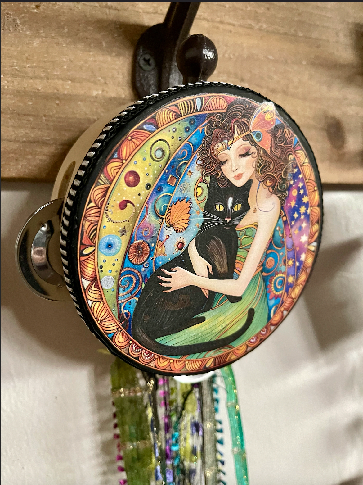 Fairy Art, Fairy Tambourine and Ribbon Wall Accent, Fantasy Art, Black Cat