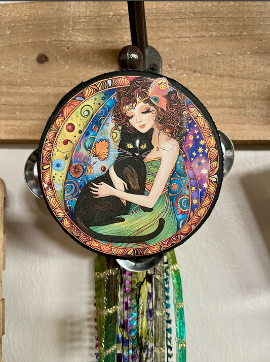 Fairy Art, Fairy Tambourine and Ribbon Wall Accent, Fantasy Art, Black Cat