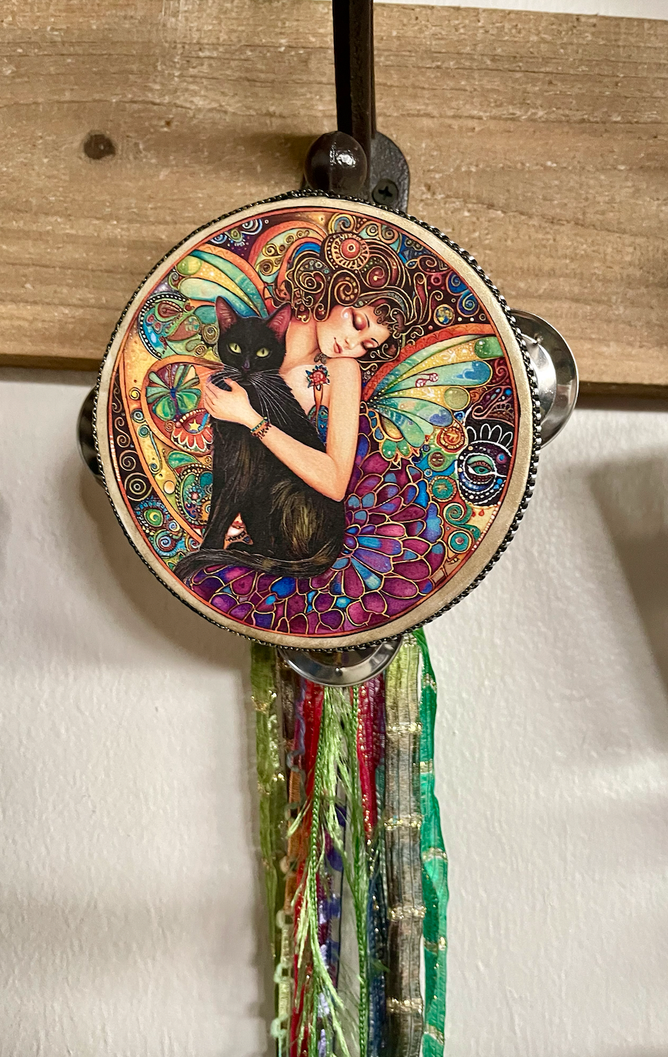 Fairy Art, Fairy Tambourine and Ribbon Wall Accent, Fantasy Art, Black Cat