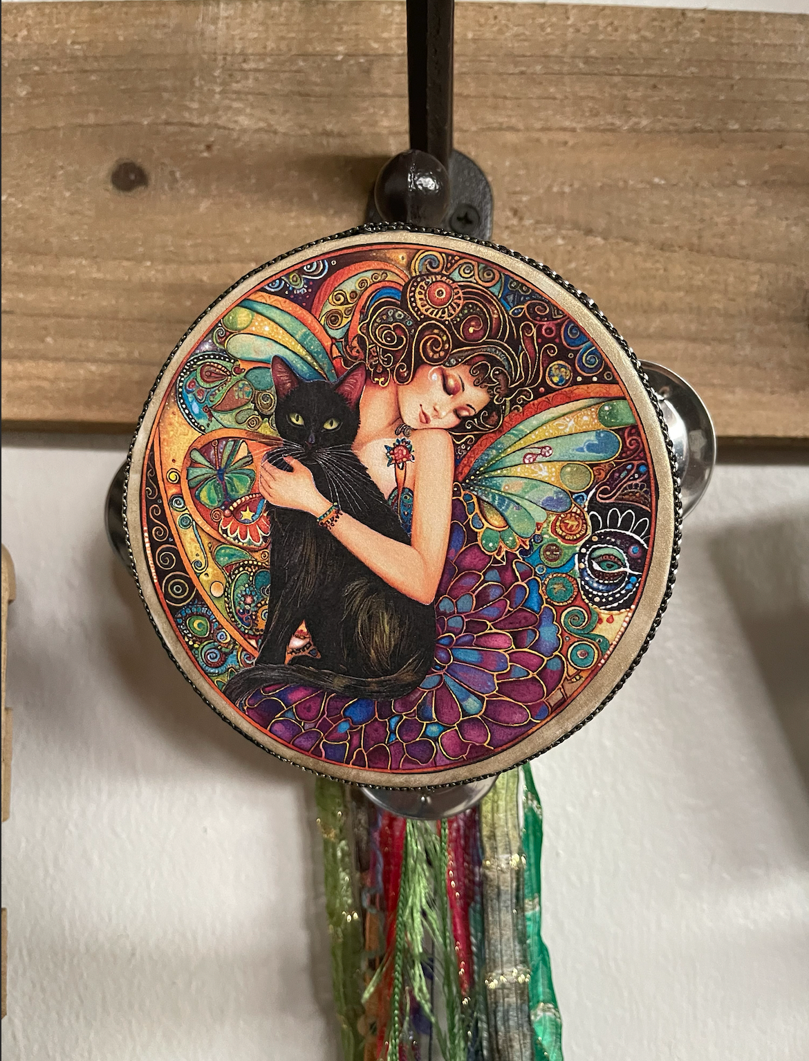 Fairy Art, Fairy Tambourine and Ribbon Wall Accent, Fantasy Art, Black Cat