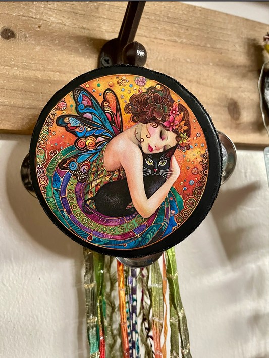 Fairy Art, Fairy Tambourine and Ribbon Wall Accent, Fantasy Art, Black Cat