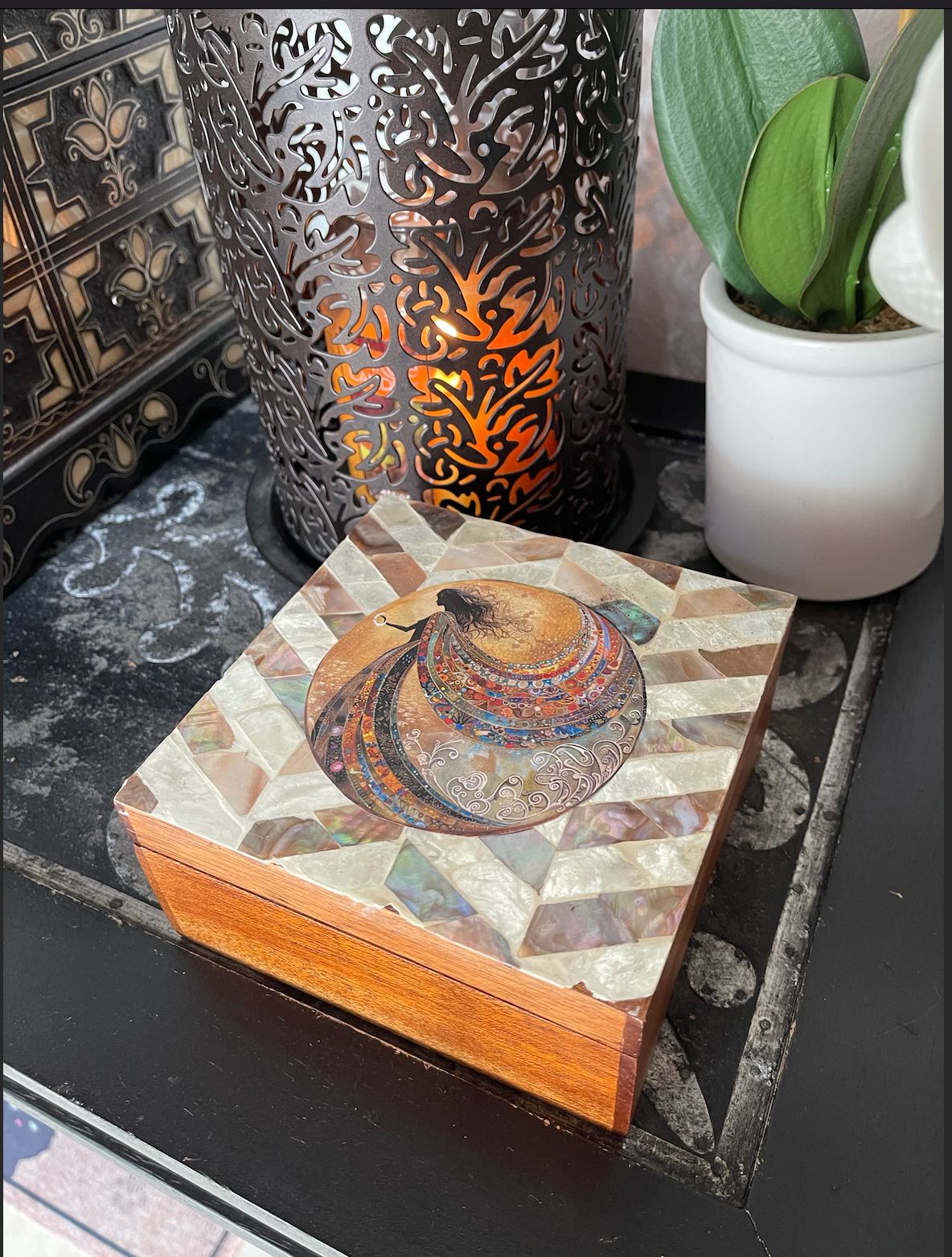 Velvet Gypsy Collection, Mystical Artist Decoupaged Art Print on Vintage Shell Trinket Box, Bodhi Gifts