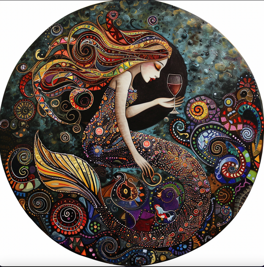 Mermaid Wine Whimsy Wall Art, Decoupaged Tambourine and Ribbon or Canvas, Bodhi Gifts