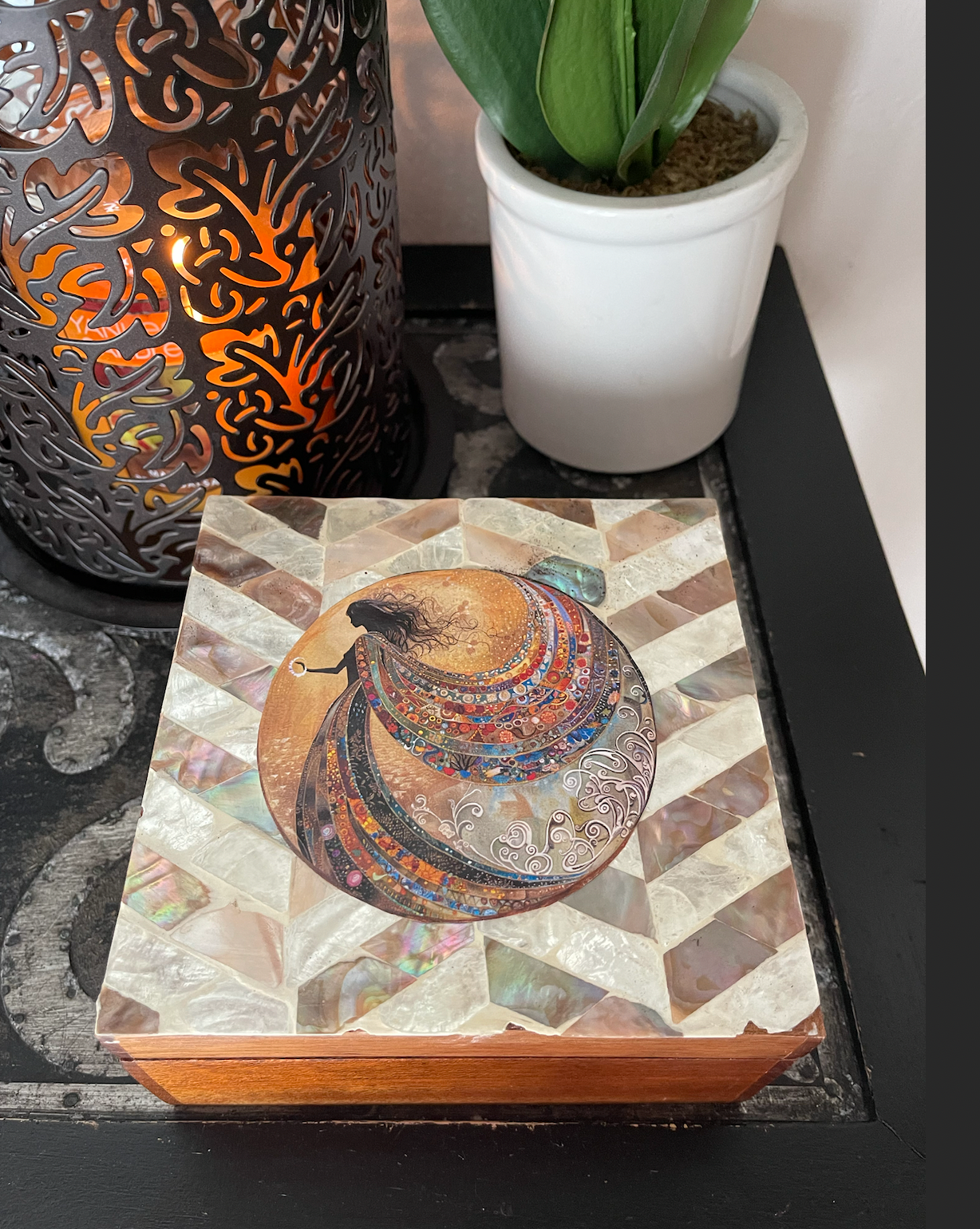 Velvet Gypsy Collection, Mystical Artist Decoupaged Art Print on Vintage Shell Trinket Box, Bodhi Gifts