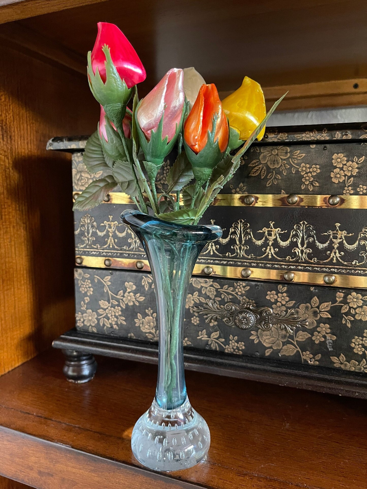 Vintage Glass Vase with Vintage Rose Bud, Vintage Floral, Bodhi Vintage