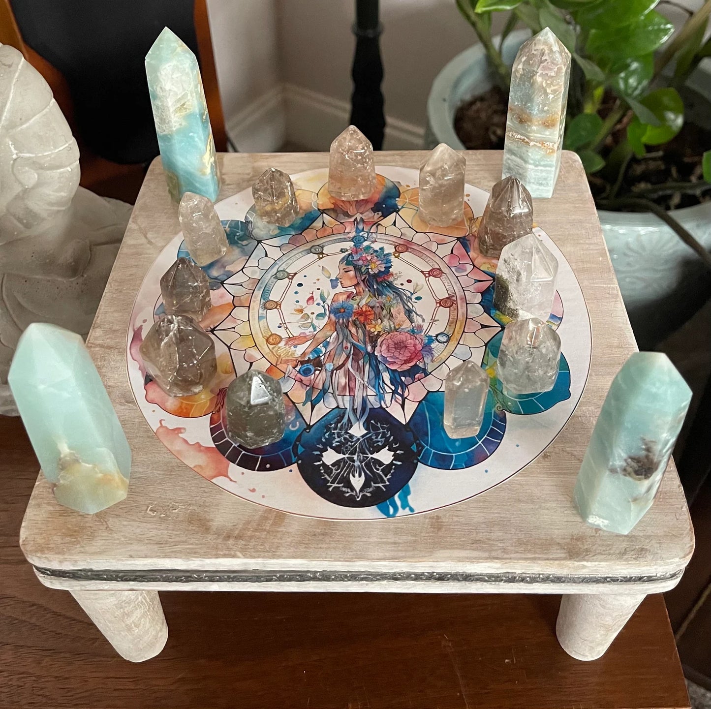 Indigo Goddess Crystal Grid Table, Bodhi Home Decor