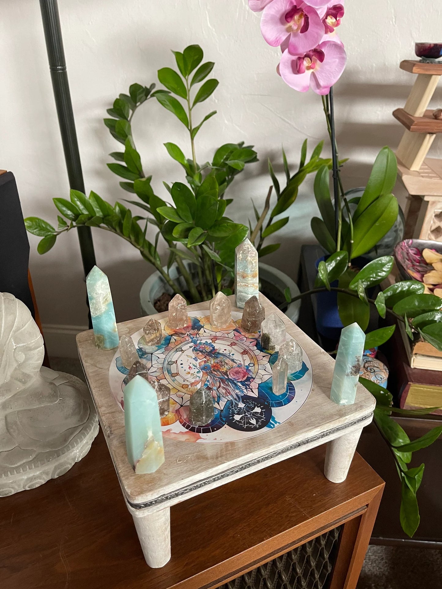 Indigo Goddess Crystal Grid Table, Bodhi Home Decor