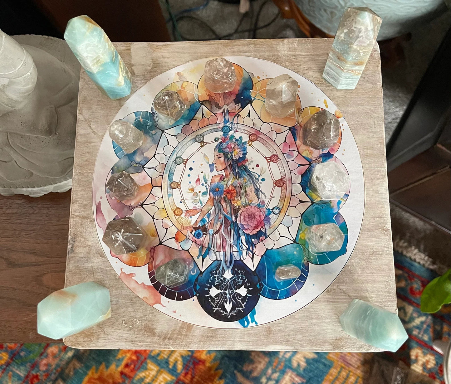 Indigo Goddess Crystal Grid Table, Bodhi Home Decor