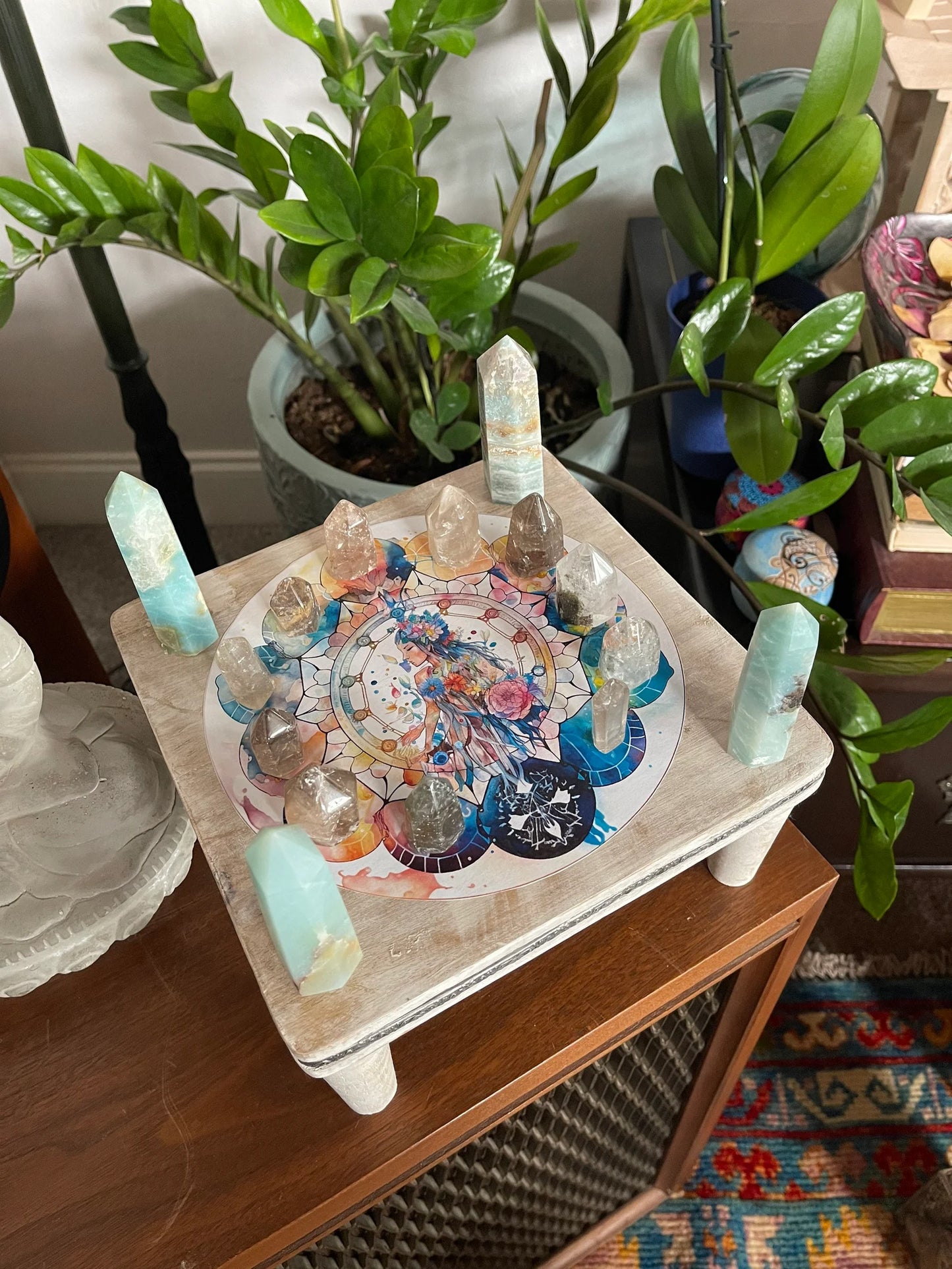 Indigo Goddess Crystal Grid Table, Bodhi Home Decor