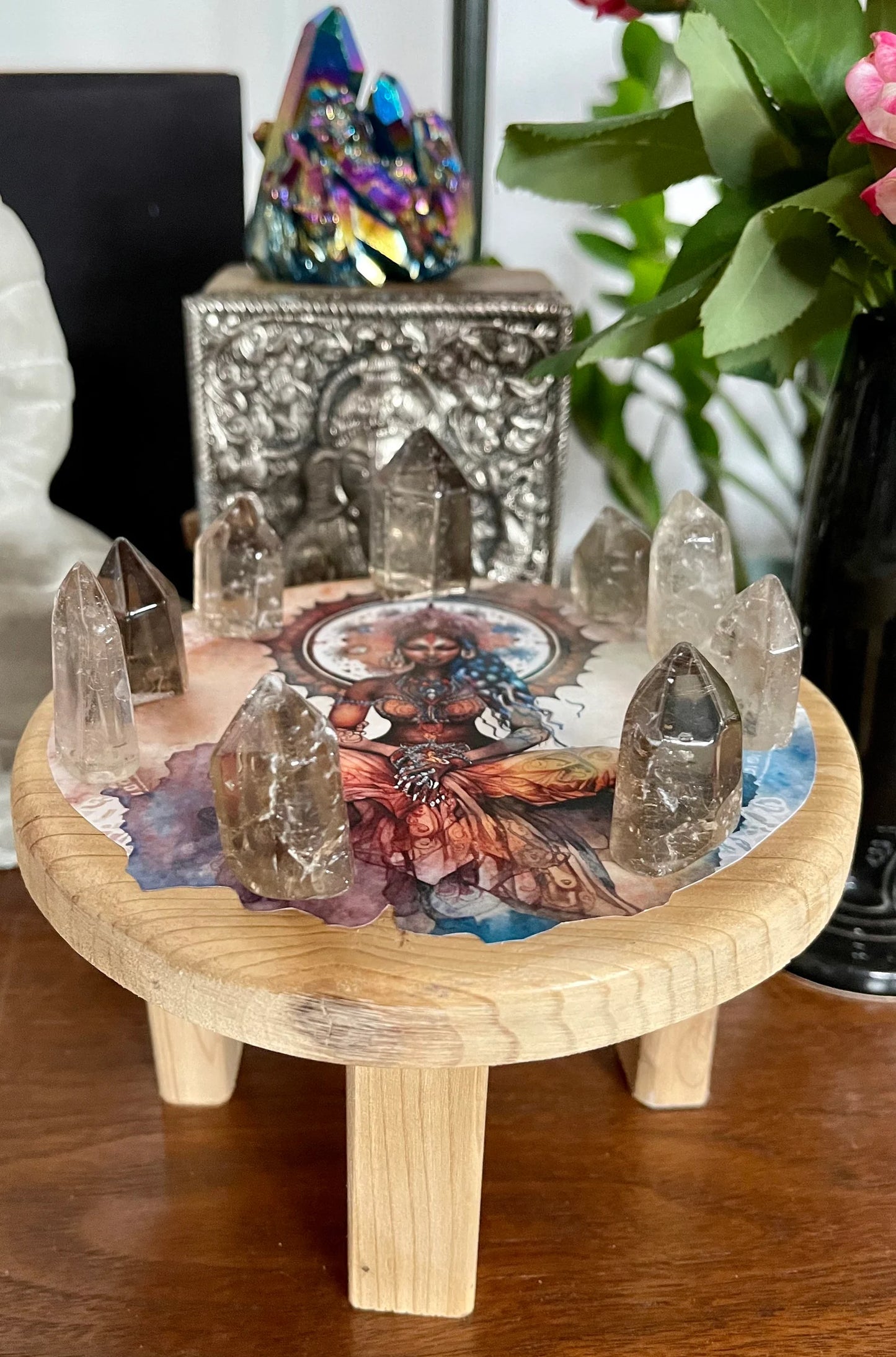 Mystical Goddess Crystal Grid Table, Meditation Table, Home Decor