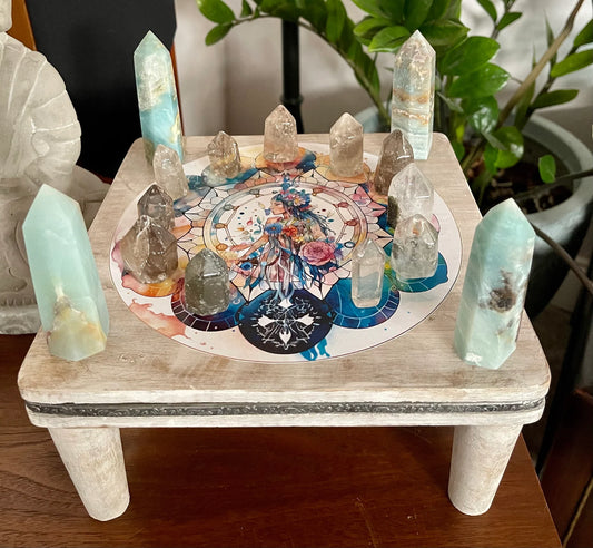 Indigo Goddess Crystal Grid Table, Bodhi Home Decor