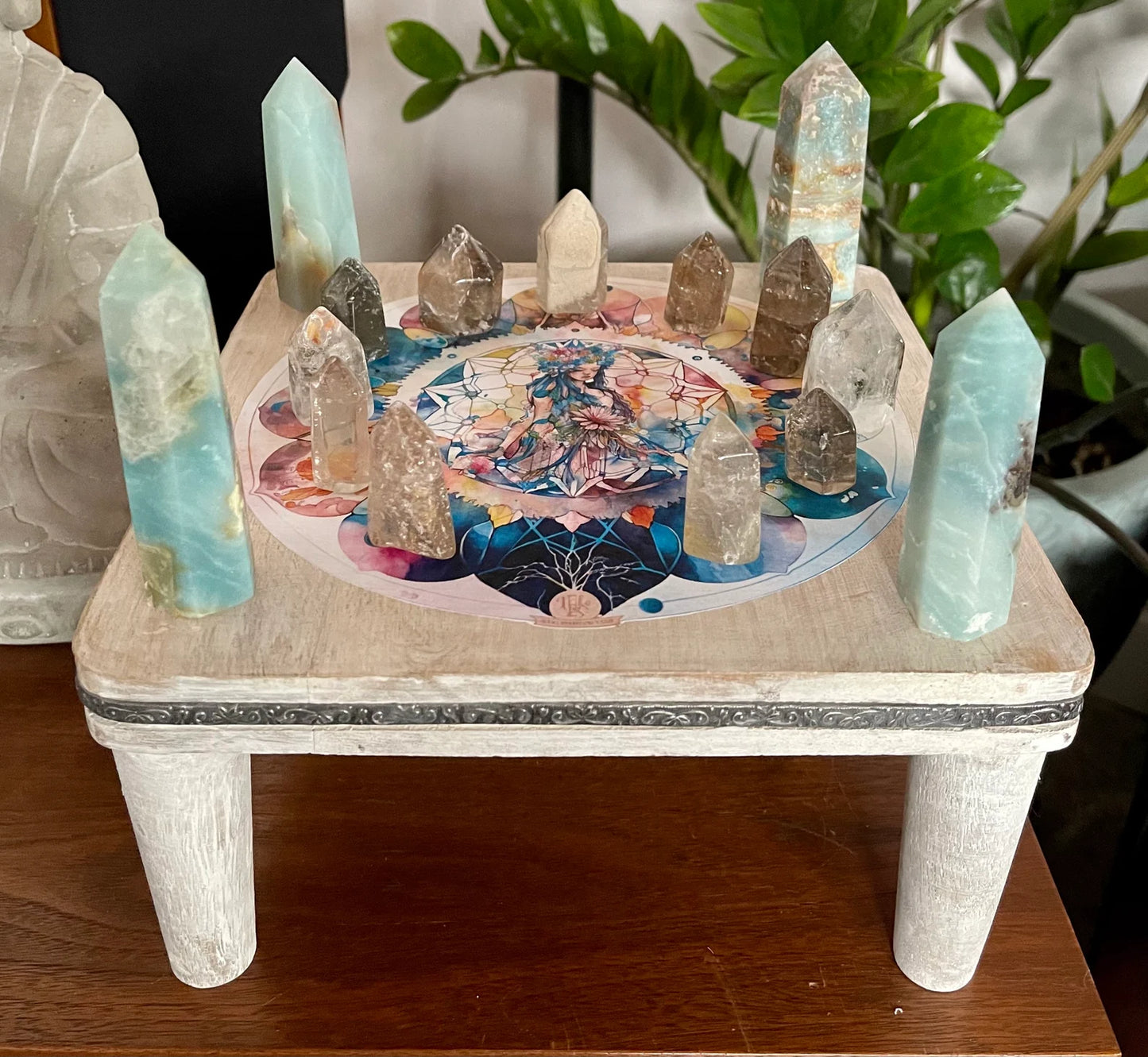 Indigo Goddess Crystal Grid Table, Bodhi Home Decor