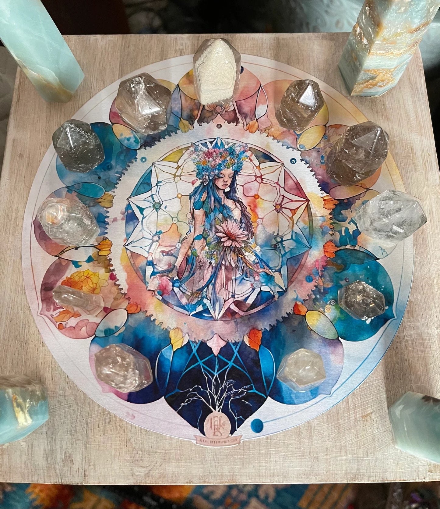 Indigo Goddess Crystal Grid Table, Bodhi Home Decor