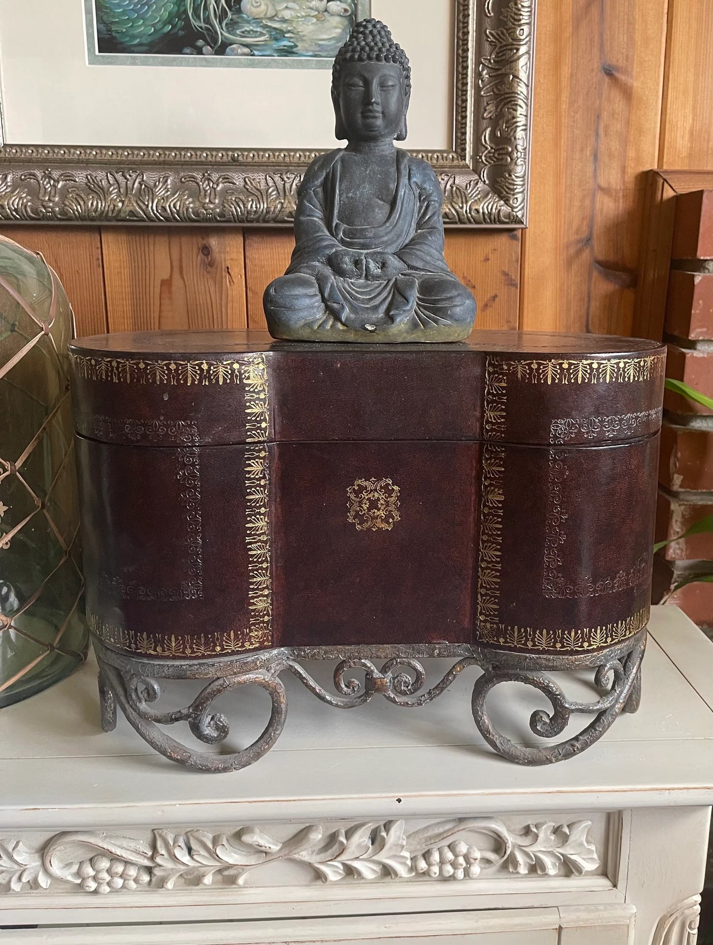 Handsome Large and Heavy Leather and Metal Vintage Box, 100 percent Shy Wolf Foundation Donation, Bodhi Vintage