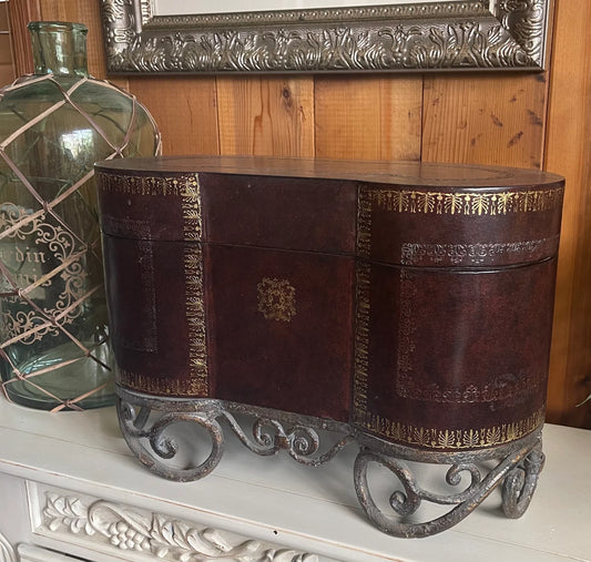 Handsome Large and Heavy Leather and Metal Vintage Box, 100 percent Shy Wolf Foundation Donation, Bodhi Vintage