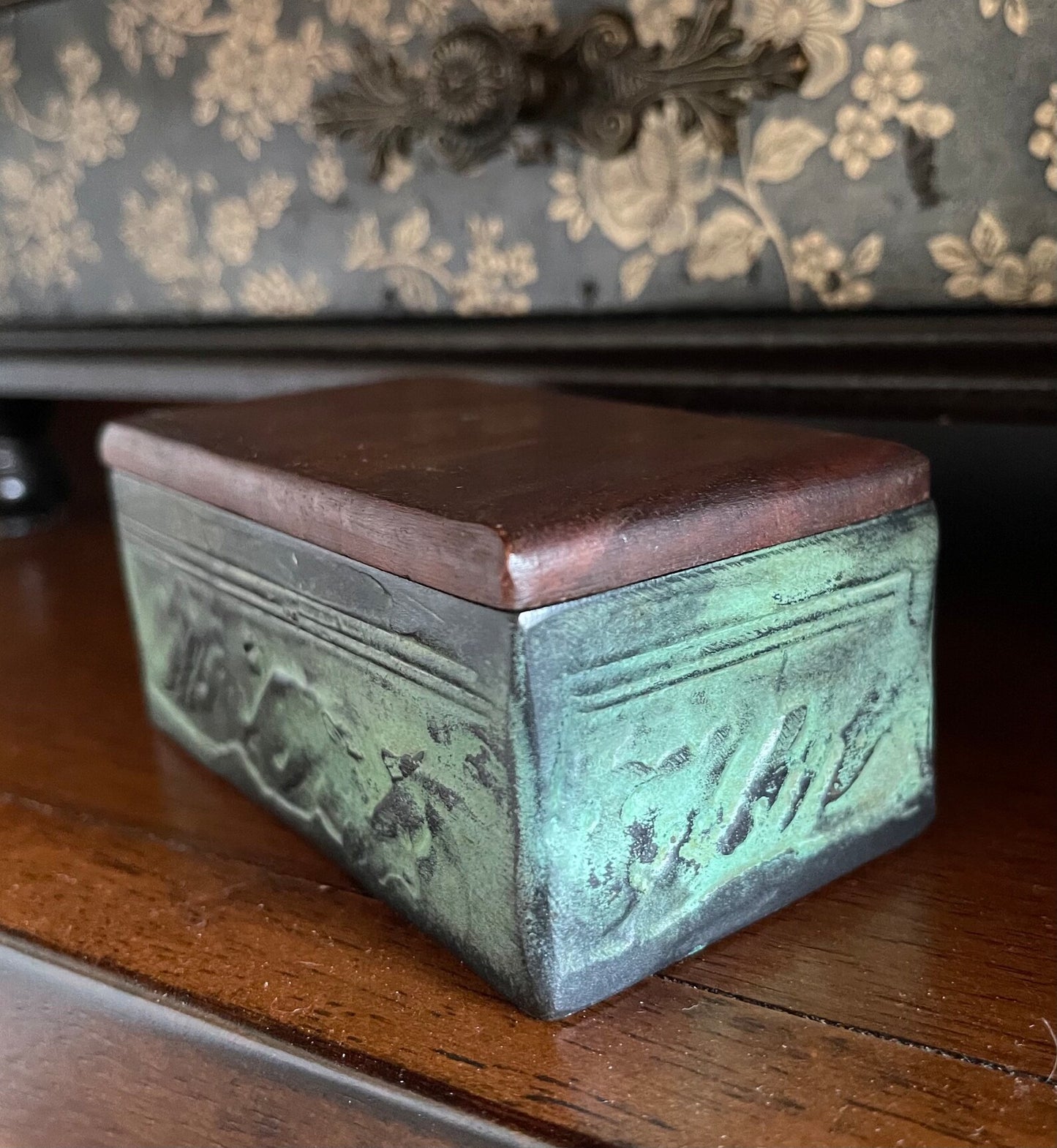 Handsome and Rare Vintage CHRISTOPHER SHATSBY Bronze & Wood Box With Lid, Bodhi Vintage