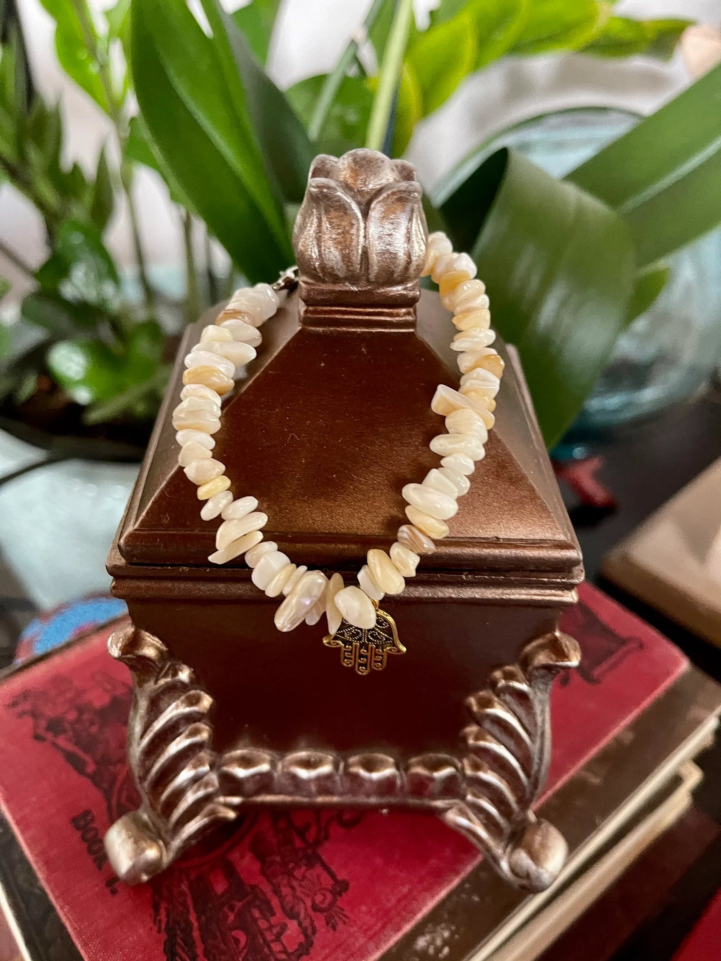 Zen Duo, Vintage Ornate Trinket Box and Hand Crafted Shell Bracelet With Hamsa Charm, Bodhi Gifts