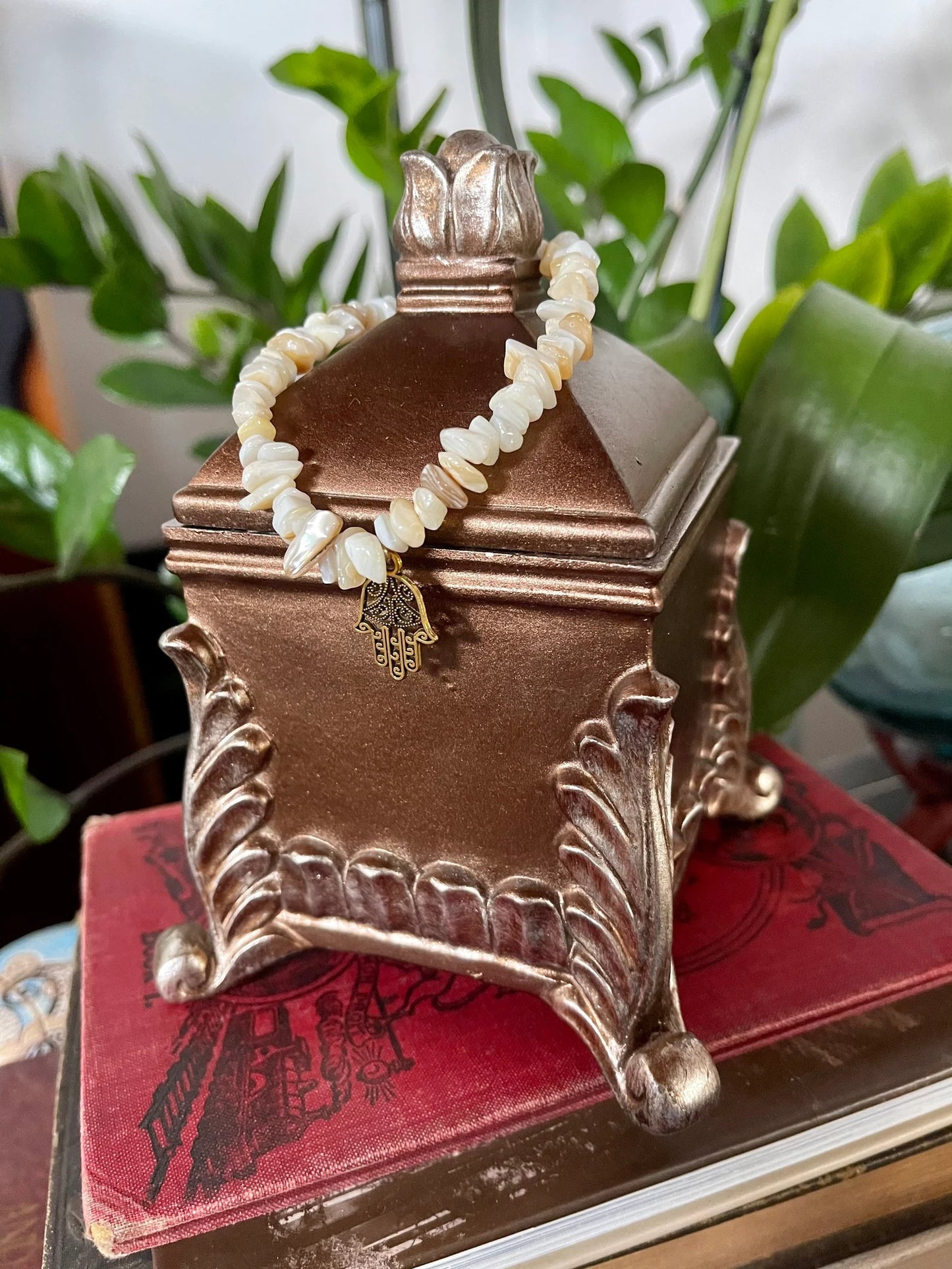 Zen Duo, Vintage Ornate Trinket Box and Hand Crafted Shell Bracelet With Hamsa Charm, Bodhi Gifts