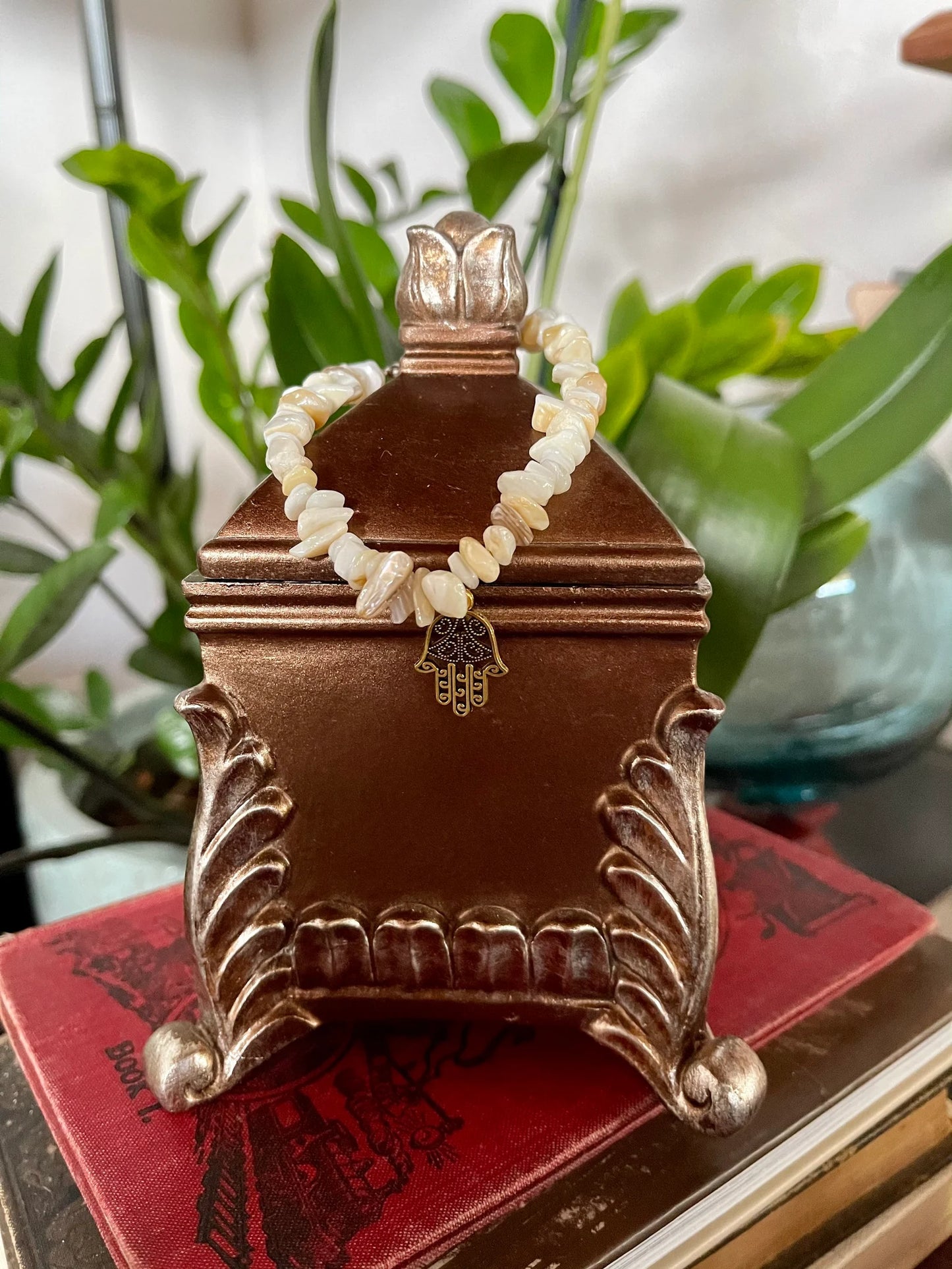 Zen Duo, Vintage Ornate Trinket Box and Hand Crafted Shell Bracelet With Hamsa Charm, Bodhi Gifts