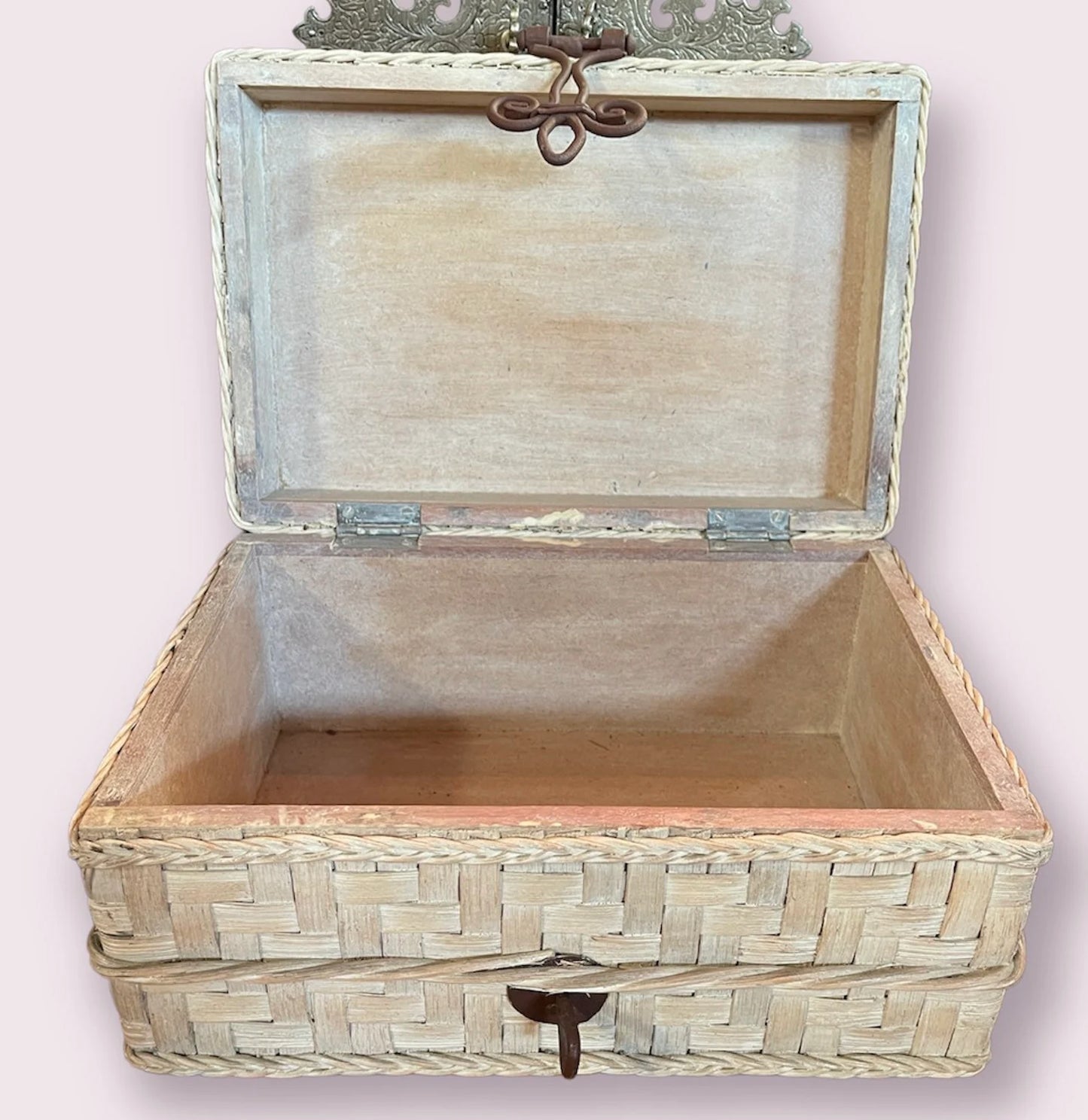 Vintage Wicker and Wood Storage Box with Original Goddess, Home Decor