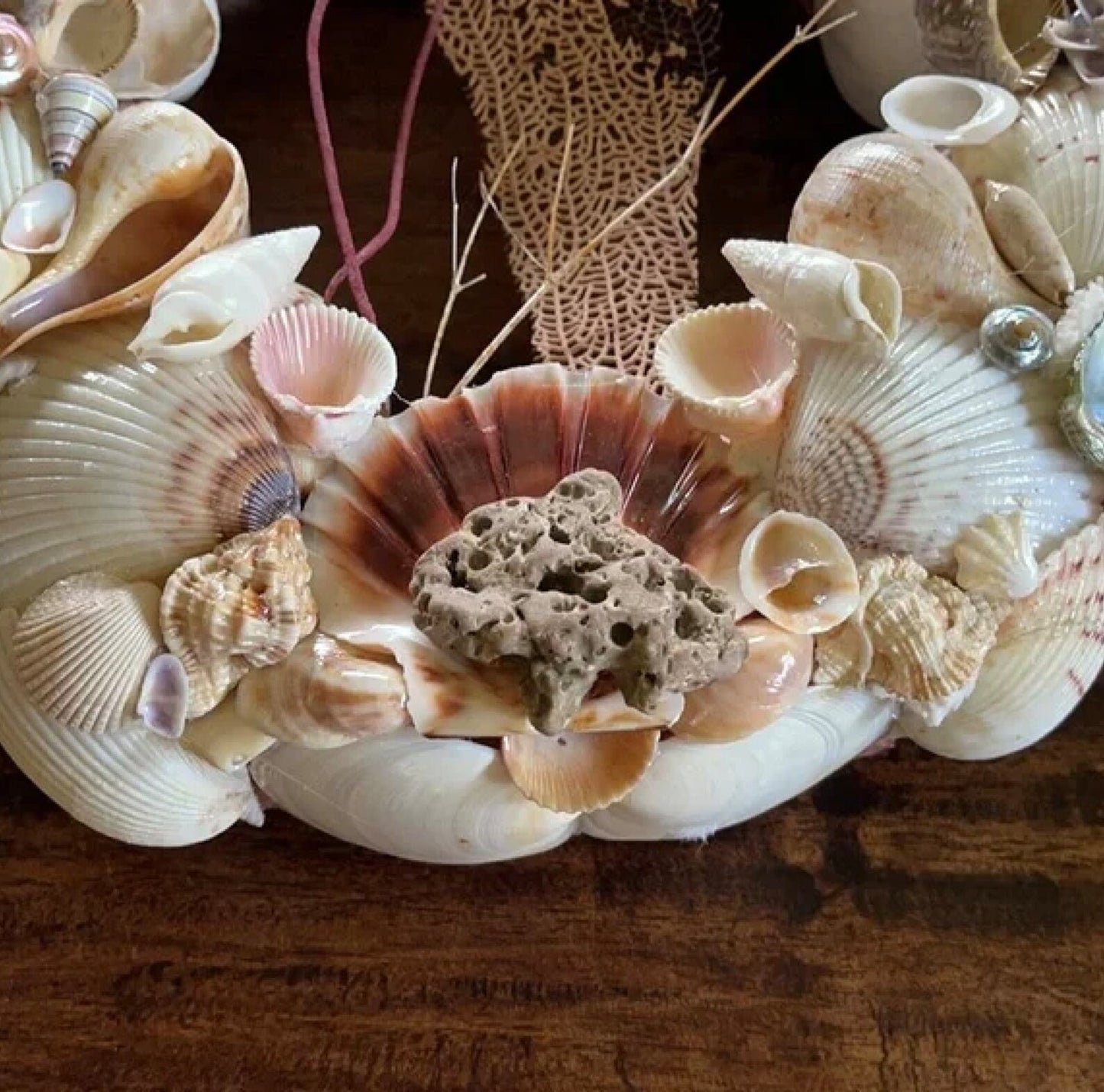 One of a Kind Handcrafted Vintage Seashell Wreath with Local Beach Stone, Bodhi Home Decor