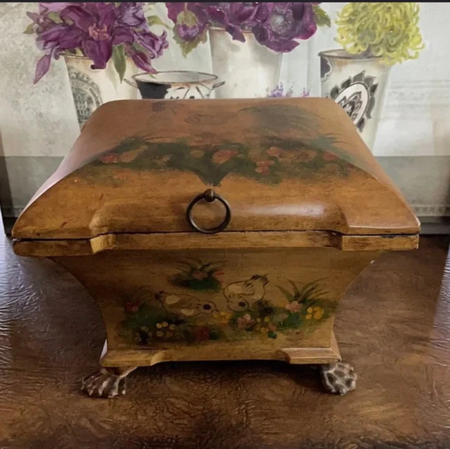 Oops Unique Vintage Footed Rooster Motif Box, Farmhouse Accents, Bodhi Vintage