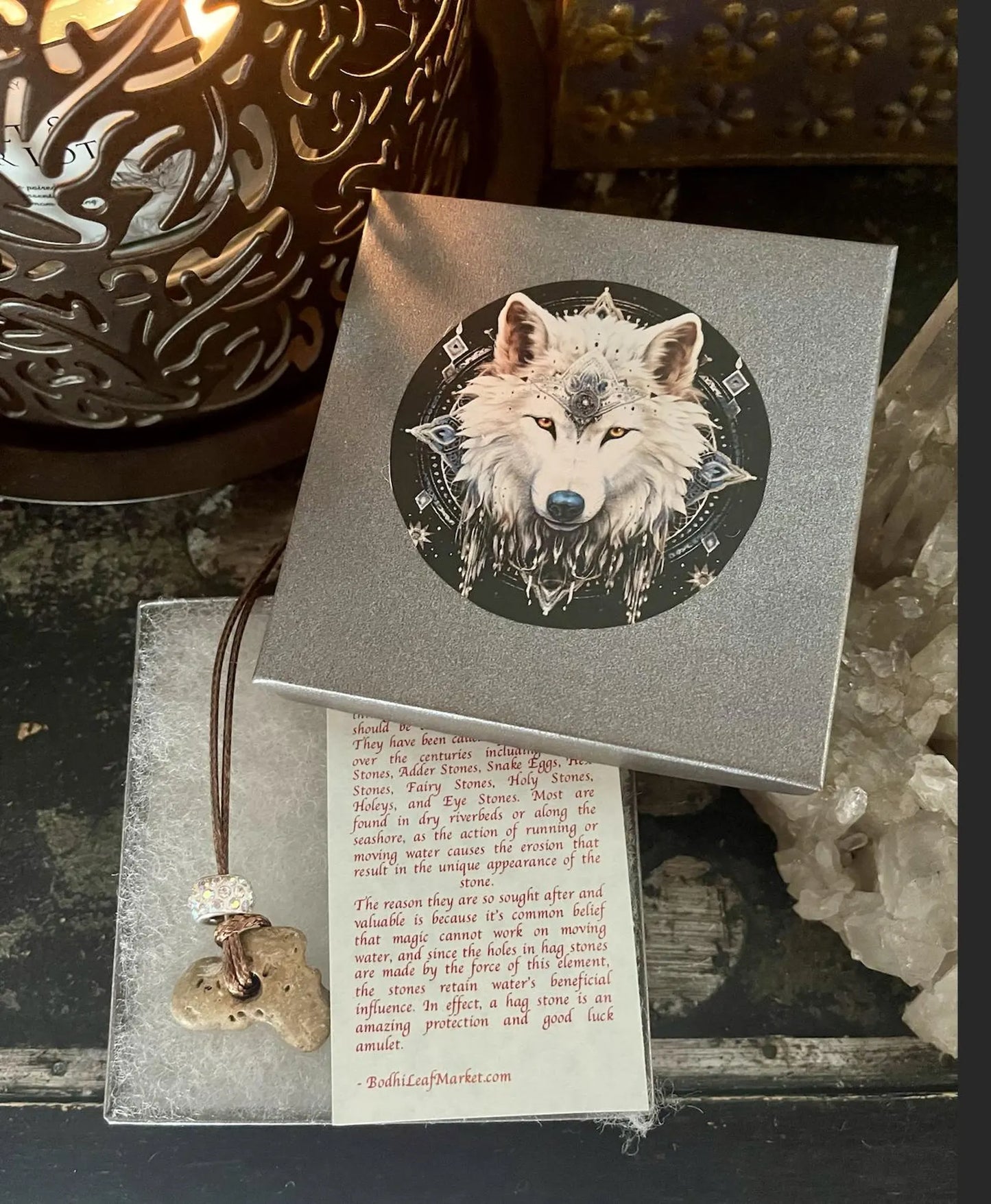 Boxed Spirit Wolf with Crystal Charm and Hagstone Pendant, Bodhi Jewelry