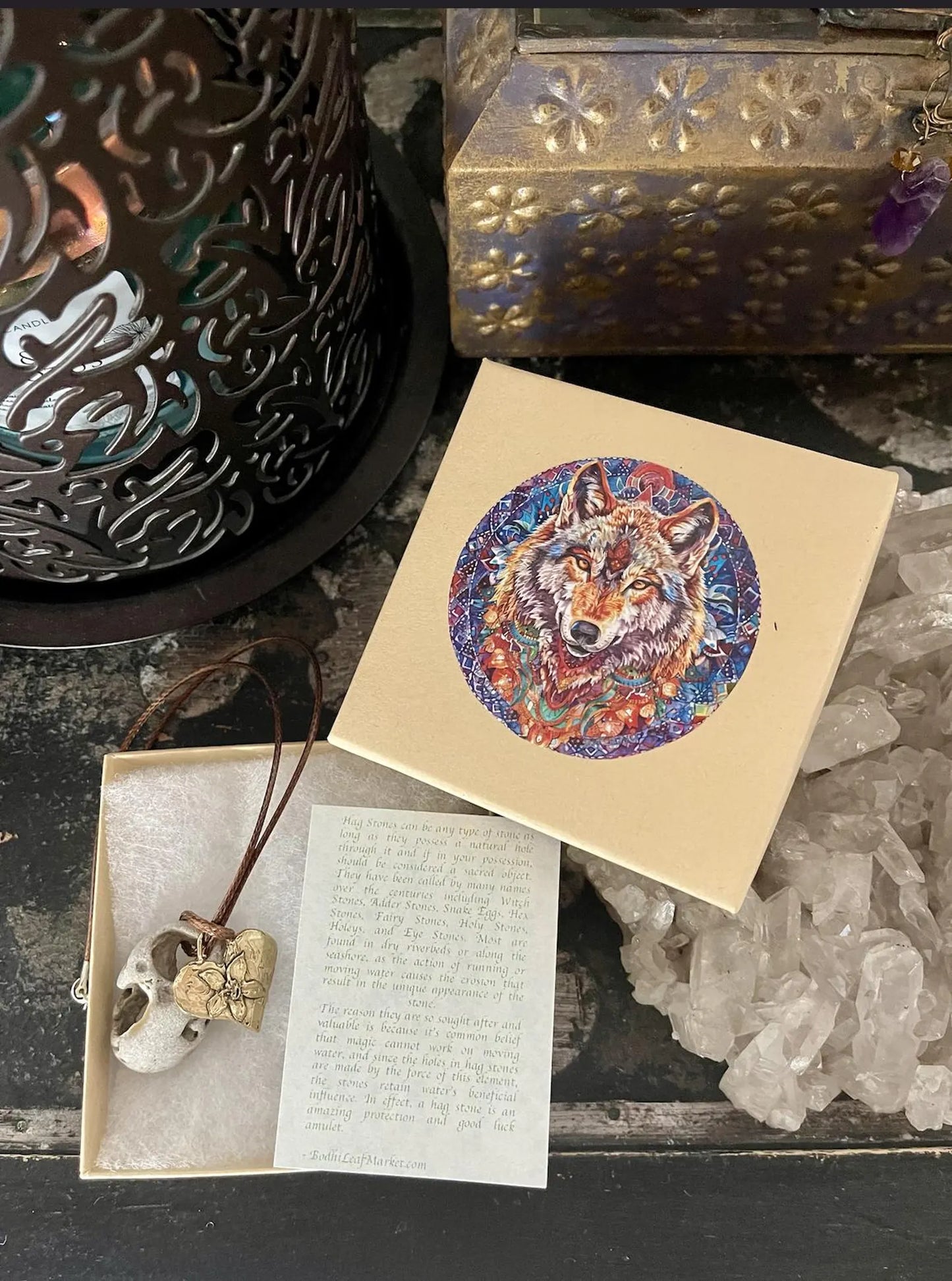 Gift Boxed Wolf and Hag Stone With Bronze Heart Pendant, Bodhi Jewelry, USA