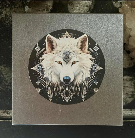 Boxed Spirit Wolf with Crystal Charm and Hagstone Pendant, Bodhi Jewelry