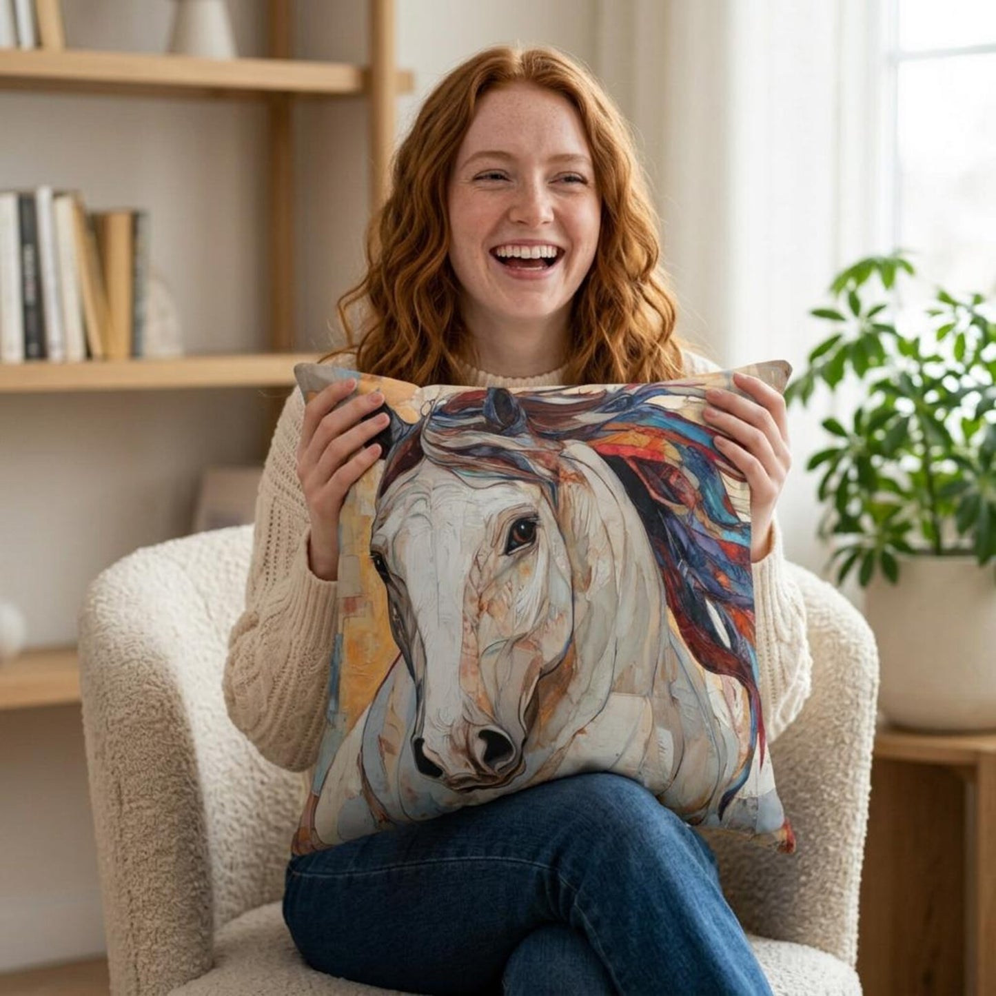 White Horse Painting Pillow Faux Suede Square Pillow