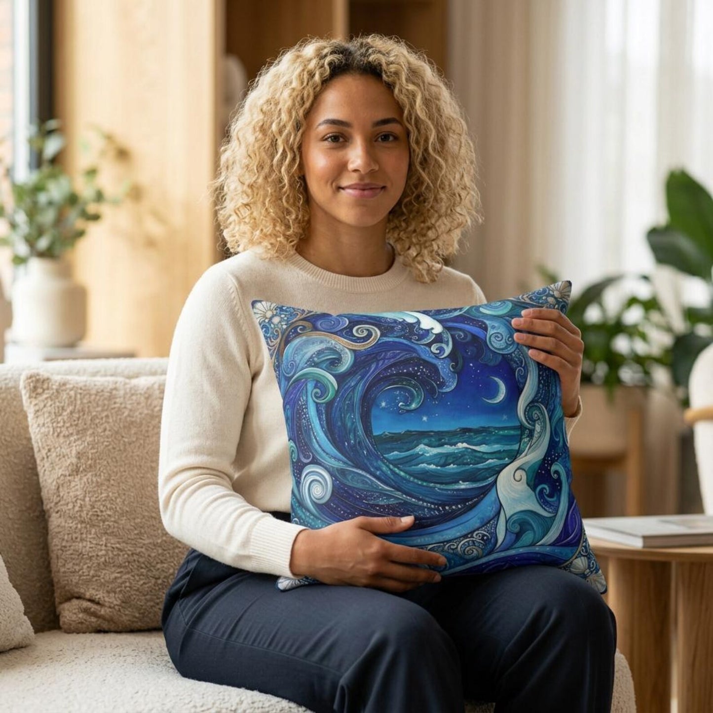Ocean Wave Moonnight Pillow Blue Nautical Art Square Pillow