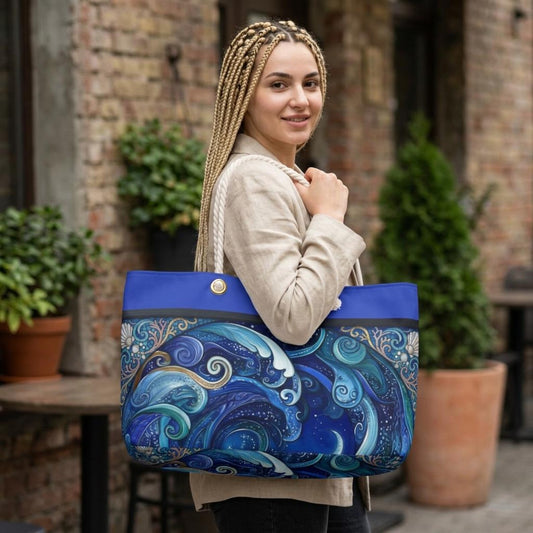 Ocean Waves Swirl Weekender Bag Blue Nautical Beach Tote