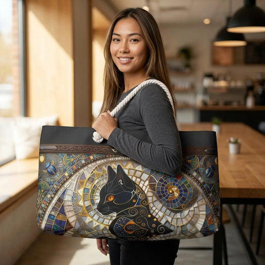 Mystic Mosaic Cat Weekender Bag  Boho Black Cat Travel Tote