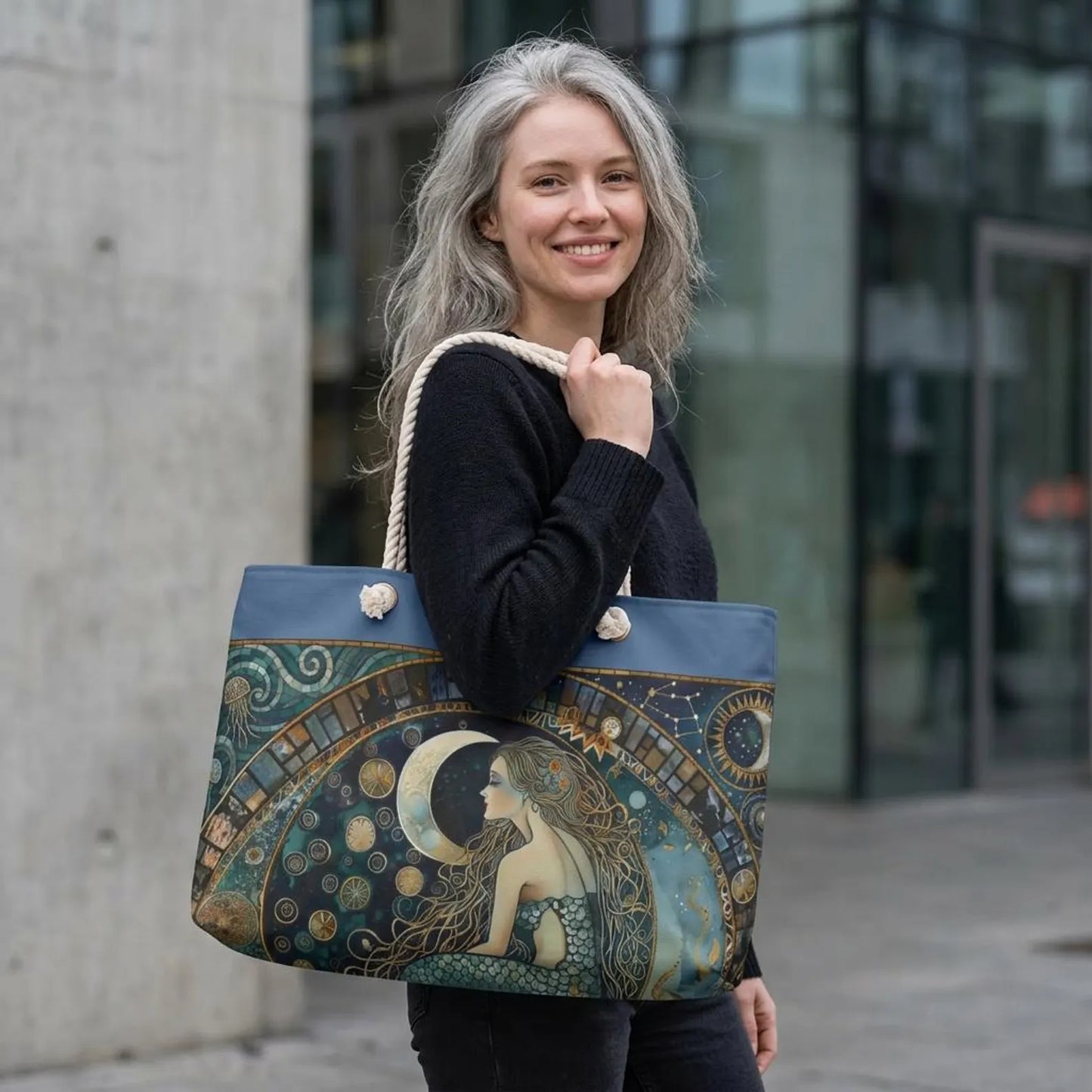 Moon Mermaid Bag Illustration Weekender Bag Nautical Celestial Tote