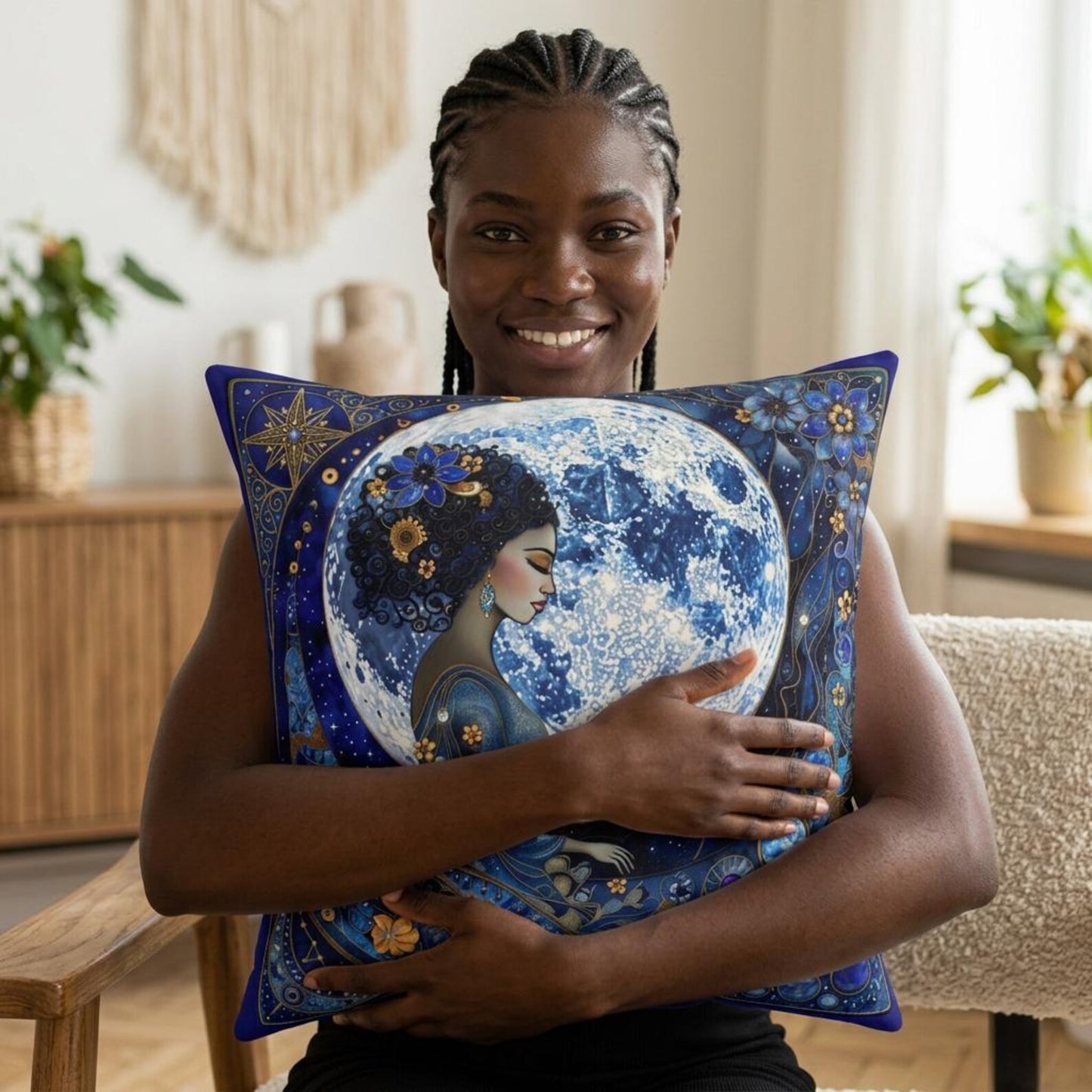 Blue Moon Goddess illustration Pillow Suede Square Decorative Pillow