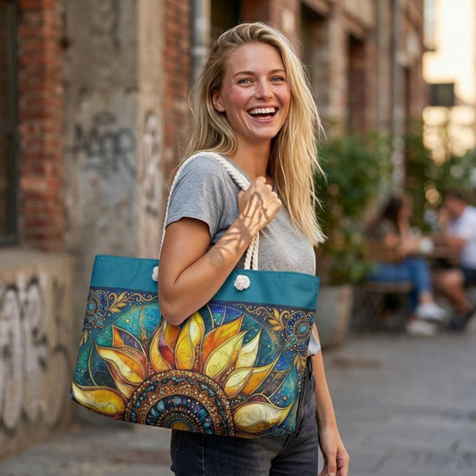Sunflower Mandala Weekender Bag  Boho Floral Tote, Beach Travel Bag
