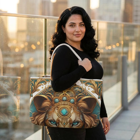 Ornate Lion Tote Mandala Weekender Bag  Turquoise Gold Boho Travel Tote