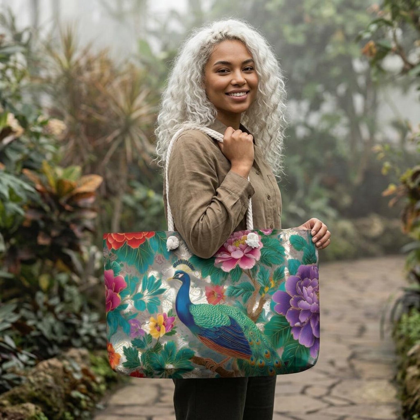 Chino Peacock Floral Weekender Bag  Vibrant Botanical Peacock Tote