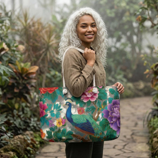 Chino Peacock Floral Weekender Bag  Vibrant Botanical Peacock Tote