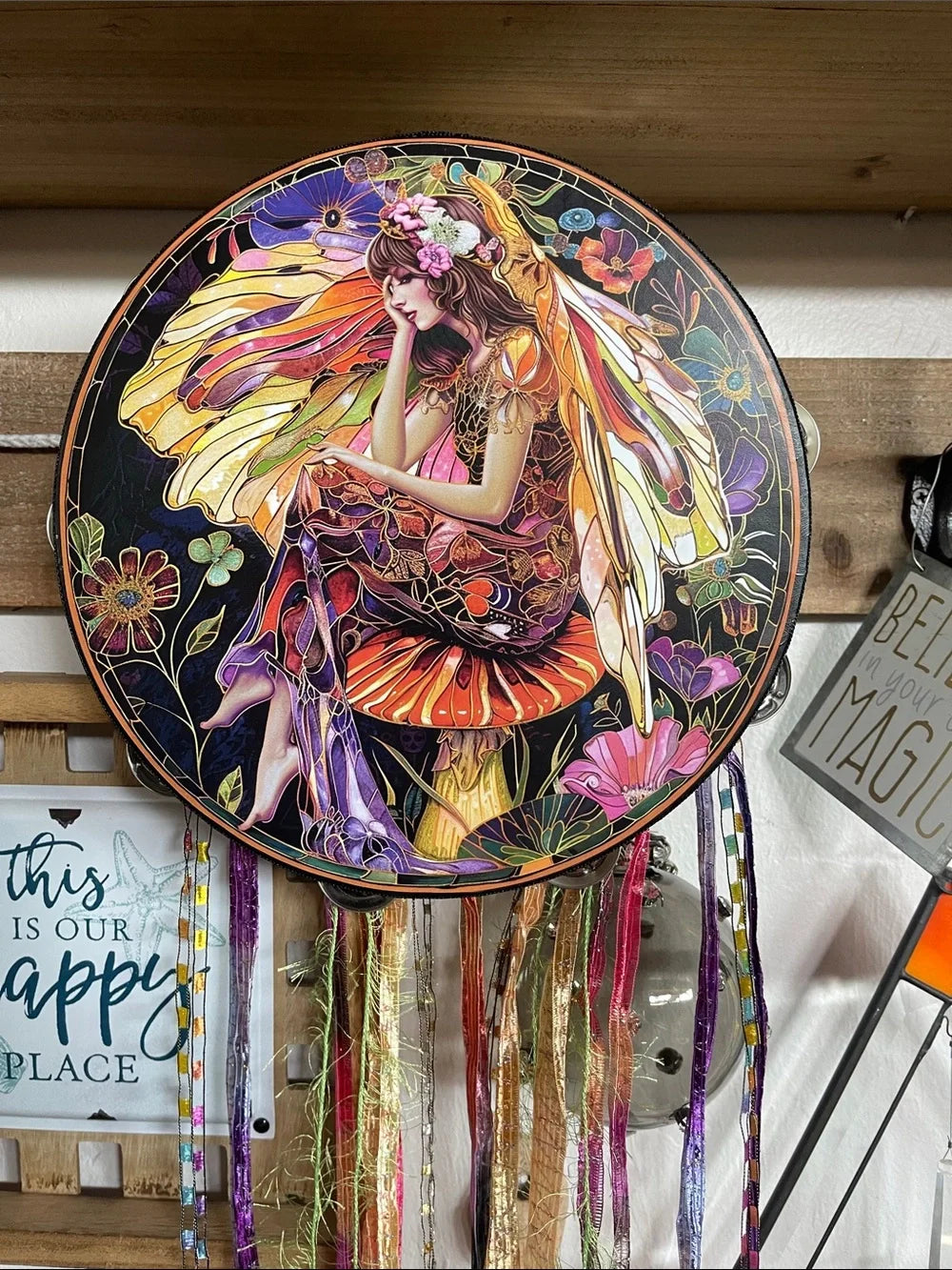 Pixie Fairy Mushroom Tambourine and Ribbon Wall Accent 10"