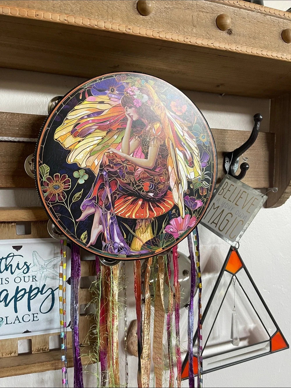 Pixie Fairy Mushroom Tambourine and Ribbon Wall Accent 10"