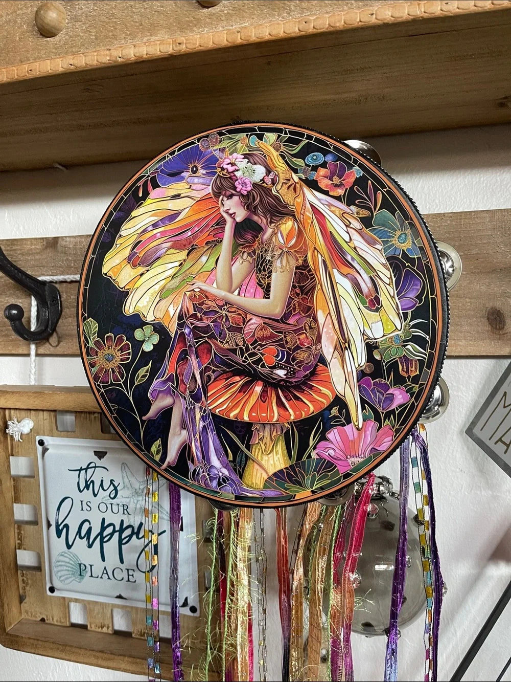 Pixie Fairy Mushroom Tambourine and Ribbon Wall Accent 10"
