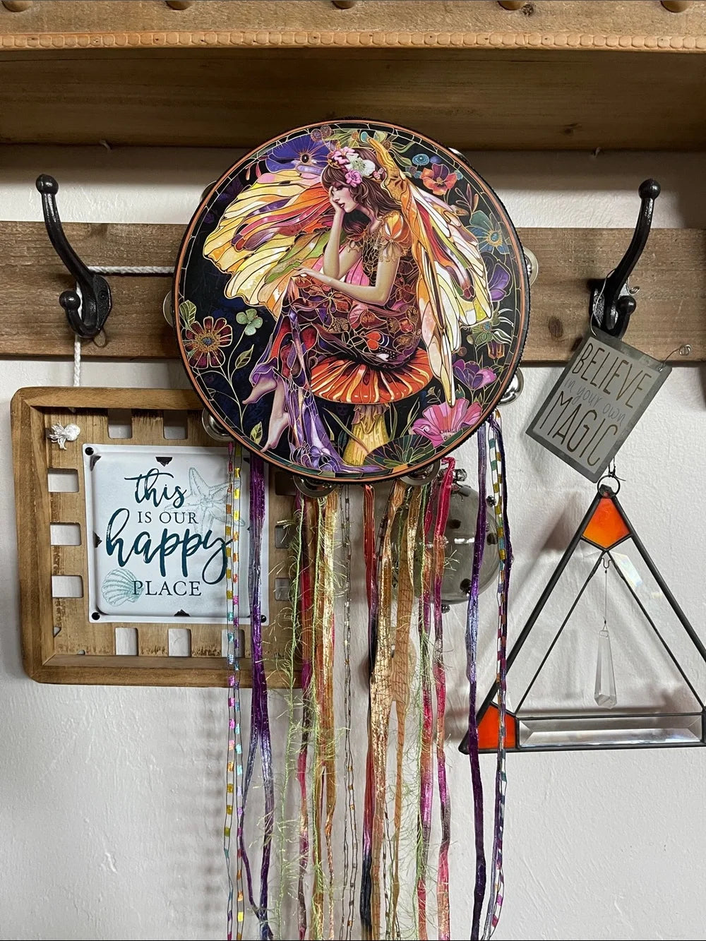 Pixie Fairy Mushroom Tambourine and Ribbon Wall Accent 10"