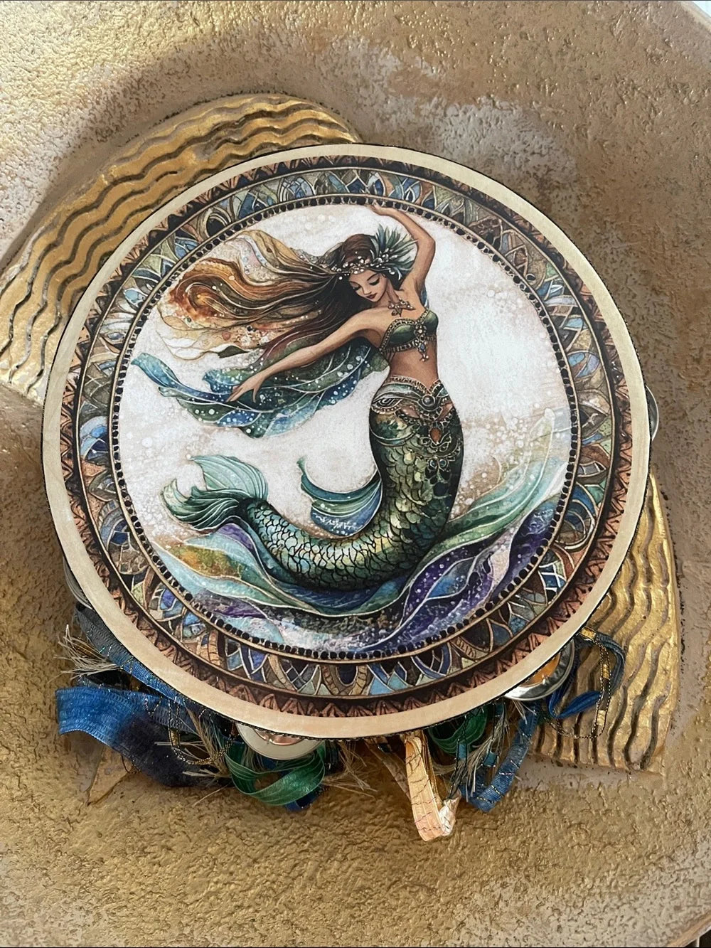 Sea Goddess Tambourine and Ribbon Wall Accent 8"
