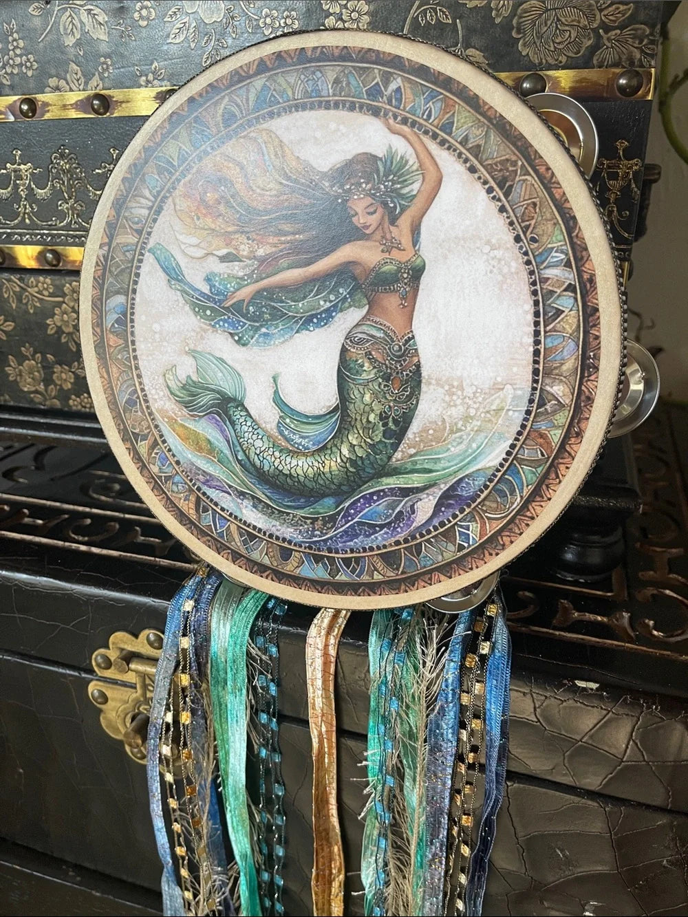 Sea Goddess Tambourine and Ribbon Wall Accent 8"