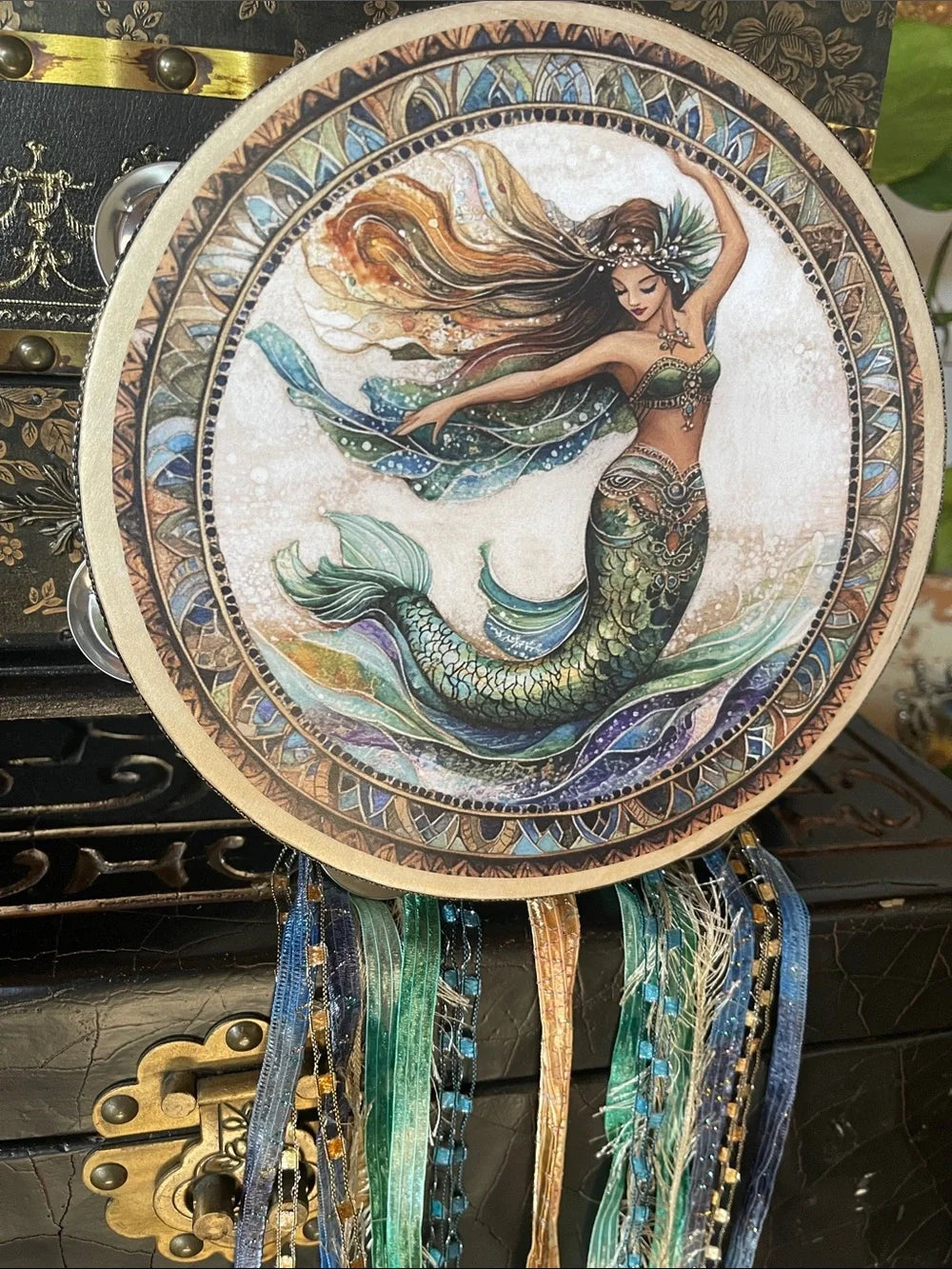 Sea Goddess Tambourine and Ribbon Wall Accent 8"