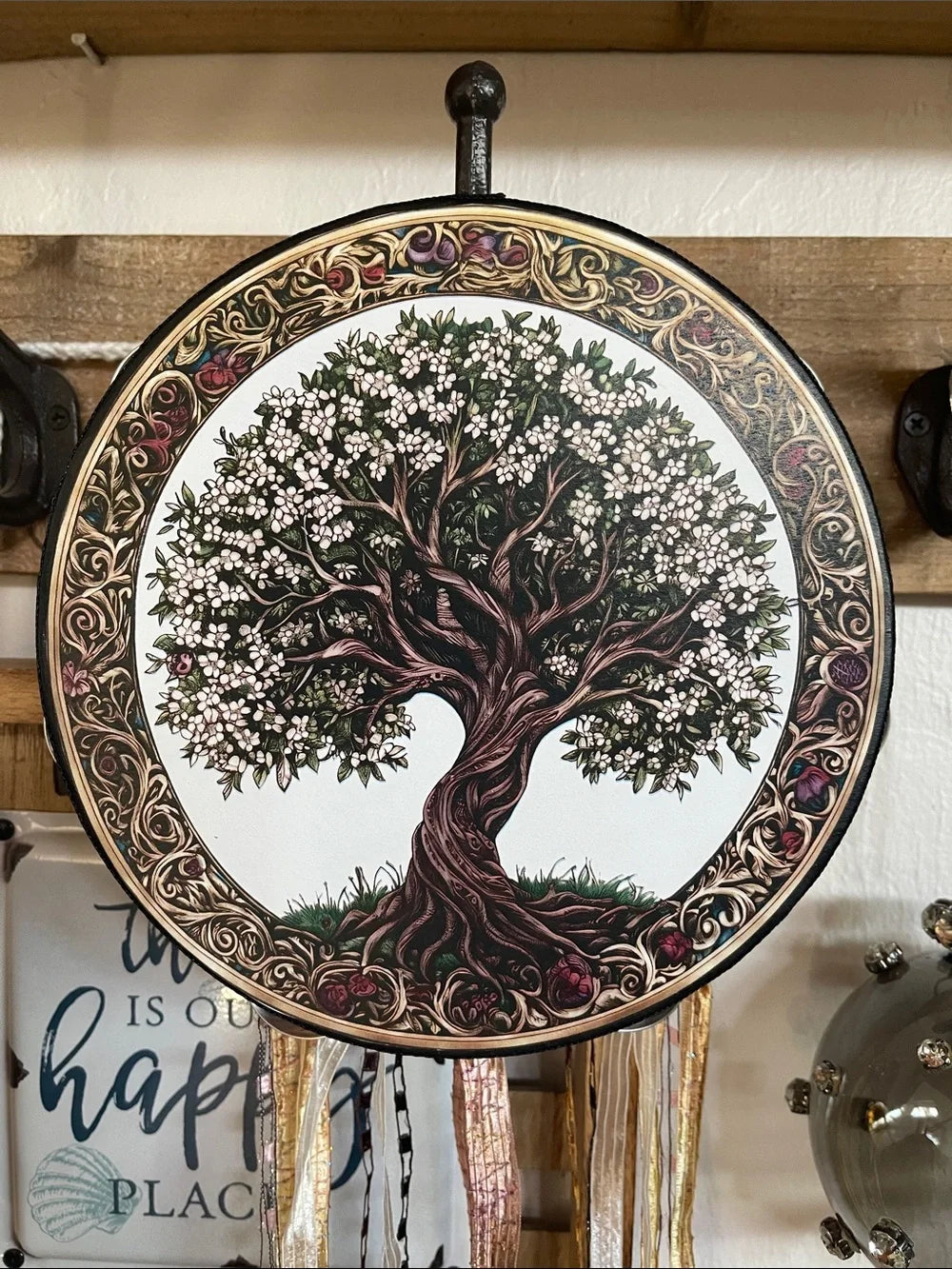 Art Nouveau Tree of Life Tambourine and Ribbon Wall Art 8"