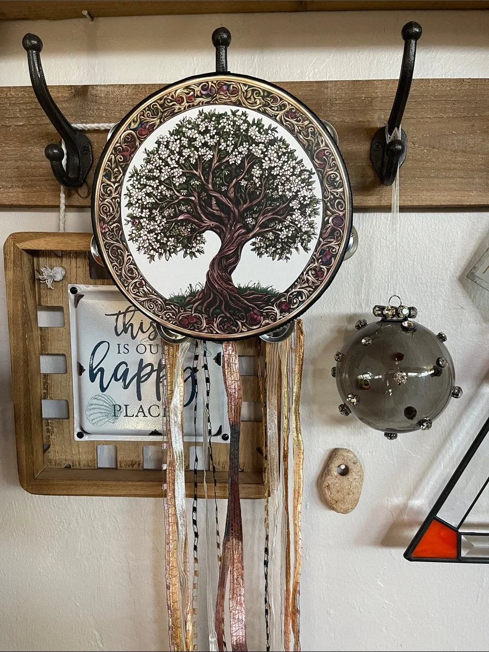 Art Nouveau Tree of Life Tambourine and Ribbon Wall Art 8"